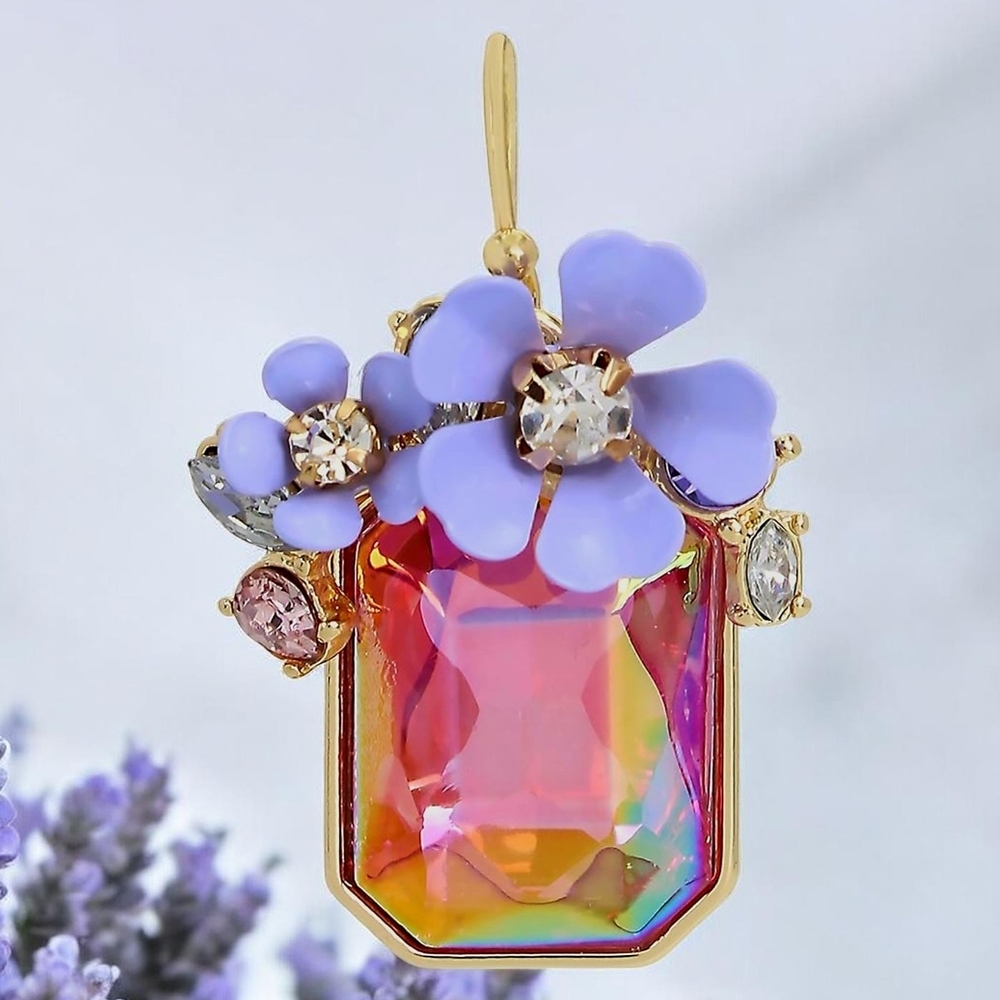 NEW Betsey Johnson Purple Lila Flower Cluster Iridescent Stone Drop Earrings NWT - Picture 2 of 3